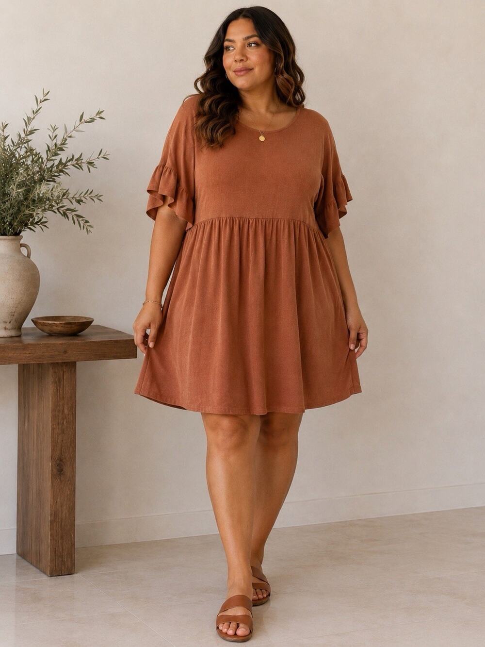 ASOS Curve Babydoll Dress Womens Sz 14 Rose Gold Stretch Boho Vacation Beach